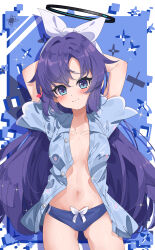 1girl absurdres arms_behind_head black_halo blue_archive blue_eyes blue_pajamas blue_panties blue_shirt blush collarbone commentary hairband halo highres hua-huahua long_hair mechanical_halo naked_shirt navel pajamas panties purple_hair shirt solo underwear white_hairband yuuka_(blue_archive) yuuka_(pajamas)_(blue_archive)