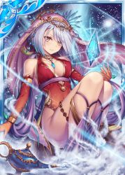 1girl akkijin arabian_clothes armpits bare_shoulders blue_hair breasts collarbone elbow_gloves fog gem genie gloves hair_ornament lamp leotard looking_at_viewer medium_breasts official_art red_gloves red_leotard shinkai_no_valkyrie short_hair veil yellow_eyes