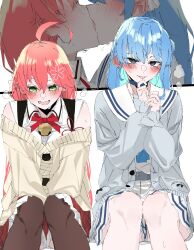 2girls absurdres ahoge bell between_legs black_pantyhose blue_eyes blush carrot_011 choker commentary_request ear_blush ear_ornament earrings flustered french_kiss green_eyes hair_ornament hand_between_legs hand_on_own_chin heavy_breathing highres hololive hoshimachi_suisei jewelry kiss long_hair looking_down messy_hair multiple_girls nontraditional_miko open_mouth pantyhose pink_hair pleated_skirt ribbon sailor_collar sakura_miko sakura_miko_(casual) shy sitting skirt sleeveless smile sweat sweatdrop sweater tongue tongue_out virtual_youtuber yellow_eyes yuri
