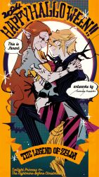 Rule 34 | 1boy, 1girl, arms around neck, black nails, black suit, blonde hair, breasts, brown hair, cleavage, closed mouth, commentary, cosplay, couple, dress, earrings, english commentary, feet out of frame, formal clothes, full body, hair between eyes, hetero, jack skellington, jack skellington (cosplay), jewelry, link, long dress, long hair, looking at another, manodemarina, medium breasts, nail polish, nintendo, pants, patchwork clothes, patchwork skin, pinstripe jacket, pinstripe pants, pinstripe pattern, pinstripe suit, pointy ears, princess zelda, sally (nbc), sally (nbc) (cosplay), scar, scar on face, short hair, short sleeves, smile, sparkle, suit, the legend of zelda, the legend of zelda: twilight princess, the nightmare before christmas, torn clothes, torn sleeves