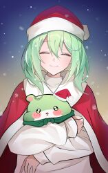 Rule 34 | 1girl, absurdres, cape, chico (yuzuha riko), closed eyes, closed mouth, facing viewer, green hair, hat, highres, long hair, long sleeves, looking at viewer, multicolored hair, red cape, red hat, santa hat, shirt, smile, solo, stellive, streaked hair, upper body, virtual youtuber, white shirt, yireh, yuzuha riko
