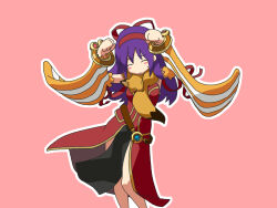 1girl animal animal_around_neck arms_up belt blush_stickers breasts brown_belt caramelldansen closed_eyes commentary_request detached_sleeves dress feet_out_of_frame fox hairband long_hair medium_breasts meranie open_mouth pelvic_curtain pink_background professor_(ragnarok_online) purple_hair ragnarok_online red_dress red_hairband simple_background sleeveless sleeveless_dress smile solo standing striped_sleeves white_sleeves yellow_sleeves