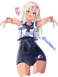 1girl black_neckerchief black_one-piece_swimsuit blonde_hair blue_eyes blue_sailor_collar covered_navel crop_top double_gyaru_v gluteal_fold gyaru_v japanese_flag kantai_collection long_hair neckerchief one-piece_swimsuit one-piece_tan ro-500_(kancolle) sailor_collar sailor_shirt school_swimsuit shirt solo swimsuit swimsuit_under_clothes tan tanline teishokuya_unihama twitter_username v white_shirt