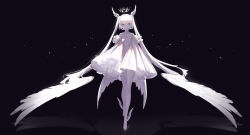 1girl absurdres ankle_wings blue_eyes crown dress female_focus floating floating_object hair_wings hatsune_miku head_wings highres long_hair mini_wings pantyhose reflection simple_background solo trapeze_dress twintails very_long_hair vocaloid white_dress white_hair white_pantyhose white_theme white_wings wings yoggi_(stretchmen)