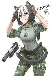 1girl :3 animal_ears artist_name belt black_belt black_hair blue_eyes brown_gloves camouflage cat_ears cat_girl cat_tail closed_mouth commentary dated english_commentary english_text female_focus glock gloves green_pants green_shirt gun hair_tie handgun highres holding holding_ears holding_gun holding_weapon holding_with_tail jpc long_sleeves looking_at_viewer medium_hair military military_uniform original pants paw_print ponytail pouch prehensile_tail shirt signature simple_background sleeves_rolled_up smile solo standing tail utility_belt weapon white_background white_hair