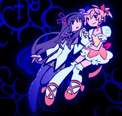 Rule 34 | 2girls, abstract background, akemi homura, akemi homura (magical girl), black background, cross, floating, highres, holding hands, kaname madoka, kaname madoka (magical girl), kaogens, knees together feet apart, long hair, looking at another, magical girl, mahou shoujo madoka magica, multiple girls, parted lips, pink hair, polka dot, polka dot background, short twintails, smile, socks, twintails, white socks, yuri