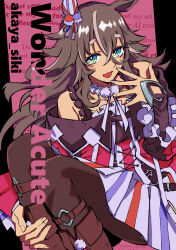 1girl absurdres akaya_shiki animal_ears artist_name blue_eyes blush boots breasts character_name collarbone commentary ear_covers full_body grey_hair hair_between_eyes hair_ornament highres horse_ears horse_girl horse_tail hugging_own_legs long_hair looking_at_viewer multicolored_hair open_mouth pantyhose pink_background simple_background single_ear_cover smile solo streaked_hair tail thick_eyebrows umamusume watermark white_hair wonder_acute_(umamusume)