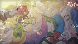 Rule 34 | 1other, 3boys, 3girls, absurdres, alphys, annoying dog, asgore dreemurr, blonde hair, brown hair, closed mouth, dog, forut dondon, frisk (undertale), goat girl, grin, highres, multiple boys, multiple girls, on grass, open mouth, papyrus (undertale), sans (undertale), skeleton, sleeping, smile, teeth, toriel, undertale, undyne