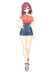 1girl blue_shorts closed_mouth full_body futamihara_ririko hand_on_own_hip jewelry limelight_lemonade_jam long_hair looking_at_viewer muririn necklace official_art orange_eyes orange_shirt pendant red_hair shirt short_sleeves shorts single_off_shoulder smile solo tachi-e toes transparent_background yuzu-soft
