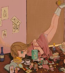 1girl 1other absurdres arms_behind_back blonde_hair bottle bound bound_legs bound_wrists cake cake_slice candle cup doll door drawing_(object) dress food gag hand_mirror highres improvised_gag indoors jewelry kapura looking_at_viewer mirror necklace original out_of_frame pancake pancake_stack panties pink_dress short_dress short_sleeves socks solo_focus tape tape_gag teacup underwear unworn_jewelry unworn_necklace white_socks wooden_floor