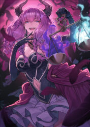 1girl aura_(sousou_no_frieren) bare_shoulders black_bustier black_gloves blue_eyes braid breasts bustier clothing_cutout cowboy_shot demon_girl demon_horns elbow_gloves falling_feathers feathers gloves hagure_keg highres holding_scale horns large_breasts long_hair looking_at_viewer multiple_braids navel_cutout open_mouth pink_hair pleated_skirt skirt solo sousou_no_frieren weighing_scale white_skirt