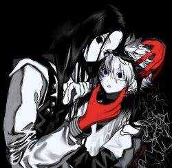 2boys androgynous black_background black_eyes black_hair blue_eyes brothers child colored_extremities distress empty_eyes highres hunter_x_hunter illumi_zoldyck killua_zoldyck kurotani_(alien_cat25) layered_sleeves long_hair long_sleeves male_focus multiple_boys no_mouth partially_colored red_hands scared short_hair short_over_long_sleeves short_sleeves siblings sweat twitter_username white_hair