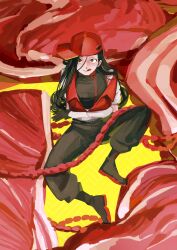 1girl :p absurdres backwards_hat baseball_cap black_boots black_hair black_pants black_shirt blush boots brown_eyes butcher_vanity_(synthesizer_v) commentary drooling english_commentary food hat heart heart-shaped_pupils highres hungry intestines jacket long_hair meat open_clothes open_jacket pants popotocurry red_hat red_trim shirt single_bare_shoulder sitting solo surrounded symbol-shaped_pupils synthesizer_v tongue tongue_out white_jacket yellow_background yi_xi_(synthesizer_v)