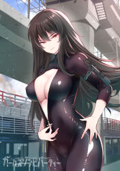 1girl absurdres black_hair breasts brown_eyes cleavage covered_erect_nipples hand_on_own_hip highres large_breasts legs long_hair looking_at_viewer mitsurugi_saya no_bra original parted_lips seductive_gaze seductive_smile smile solo teasing thighs unzipped unzipped_bodysuit very_long_hair