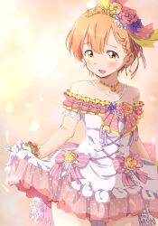 1girl bare_shoulders blush bow collarbone cowboy_shot dress dress_bow dress_flower earrings flower frilled_dress frills gloves hair_flower hair_ornament highres hoshizora_rin jewelry looking_at_viewer love_live! love_live!_school_idol_project open_mouth orange_hair pink_bow sen_(sen0910) short_hair skirt_hold solo standing striped_bow tiara white_dress white_gloves yellow_eyes