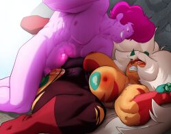 Rule 34 | 1boy, 1girl, abs, absurdres, beard stubble, breasts, colored skin, facial hair, female pubic hair, fluffy hair, gem, glowing, glowing eyes, glowing gem, glowing mouth, grin, hetero, highres, horns, inker comics, jasper (steven universe), knee cutout, large breasts, long hair, mature female, muscular, muscular female, muscular male, nipples, orange skin, pink hair, pompadour, pubic hair, pubic stubble, smile, steven quartz universe, steven universe, steven universe: future, stomach jewel, stubble, very long hair
