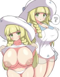 1girl alternate_breast_size alternate_hair_length alternate_hairstyle blonde_hair braid breasts cleavage cowboy_shot creatures_(company) dress from_above game_freak grass green_eyes hair_between_breasts hat highres huge_breasts jaga334 lillie_(pokemon) looking_at_viewer nintendo open_mouth panties pokemon pokemon_sm side_braid simple_background smile solo standing sun_hat twin_braids underwear white_background white_hat