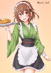 1girl alternate_costume anti_(untea9) apron black_hakama blush breasts brown_background brown_hair cowboy_shot enmaided food frilled_apron frills gradient_background green_kimono hair_ornament hakama hakama_skirt highres ikazuchi_(kancolle) japanese_clothes kantai_collection kimono long_sleeves looking_at_viewer maid maid_apron maid_headdress medium_breasts obi omelet omurice open_mouth plate sash skirt smile tray twitter_username wa_maid waitress white_apron wide_sleeves
