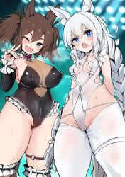 Rule 34 | 2girls, akizuki shigure, animal ears, arms behind back, black leotard, blue eyes, blurry, blurry background, blush, braid, breasts, choker, cleavage, commentary request, cosplay, cowboy shot, fang, fox shadow puppet, frilled thighhighs, frills, grey hair, groin, hair between eyes, highleg, highleg leotard, highres, horse ears, horse girl, inari one (umamusume), large breasts, le malin (listless lapin) (azur lane) (cosplay), leotard, long hair, multiple girls, o-ring, one eye closed, open mouth, pantyhose, see-through clothes, see-through cleavage, small breasts, stage lights, sweat, tamamo cross (umamusume), thighhighs, twin braids, twintails, umamusume, very long hair, white background, white choker, white pantyhose