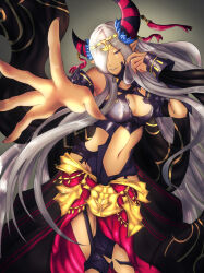 1girl absurdres breasts cleavage dark_skin fangs fire_emblem fire_emblem_engage hair_between_eyes highres horns jewelry large_breasts lewis_(pixiv) lightning magic monster_girl nintendo purple_eyes solo tagme white_hair zephia_(fire_emblem)