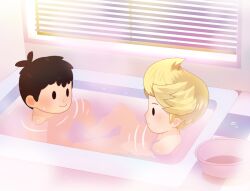 bad_tag bath bathing bathtub bed black_hair blonde_hair child completely_nude hat indoors lucas_(mother_3) mother_(series) mother_2 ness_(mother_2) nintendo nude pajamas red_hat shota sjsj_10 sleeping sleepover smile super_smash_bros.