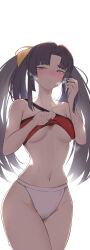 1girl bare_shoulders bikini black_hair blue_eyes blush breasts fate/grand_order fate_(series) hair_ribbon hair_rings highres long_hair looking_at_viewer medium_breasts mismatched_bikini navel parted_bangs red_bikini ribbon sidelocks single_hair_ring smile solo swimsuit thighs umi_endu ushiwakamaru_(fate) ushiwakamaru_(swimsuit_assassin)_(fate) ushiwakamaru_(swimsuit_assassin)_(second_ascension)_(fate) very_long_hair white_bikini