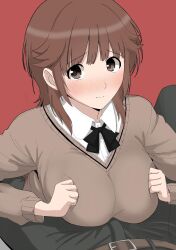 Rule 34 | 1boy, 1girl, absurdres, amagami, black bow, black bowtie, black pants, blush, bow, bowtie, breasts, breasts squeezed together, brown eyes, brown hair, brown sweater, closed mouth, collared shirt, commentary request, gyuunyuu pack (tanaka), hetero, highres, implied paizuri, kibito high school uniform, large breasts, long sleeves, looking at viewer, medium hair, pants, pov, pov crotch, red background, sakurai rihoko, school uniform, shirt, simple background, solo focus, sweater, white shirt