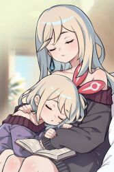 2girls bare_shoulders blurry blurry_background book brown_hair character_request closed_eyes eyelashes hair_ornament highres leaning_on_person long_sleeves mother_and_daughter multiple_girls mwm5 off_shoulder open_book parted_lips sitting stella_(world_flipper) sweater world_flipper