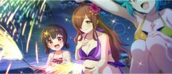 3girls :d arm_up beach bikini black_hair breasts brown_hair cleavage cloud collarbone dot_nose dutch_angle fang fireworks game_cg green_bikini green_hair hand_on_own_chest hand_on_own_knee highres holding holding_fireworks horizon jewelry knees_up komekko kono_subarashii_sekai_ni_shukufuku_wo! konosuba!_fantastic_days large_breasts layered_bikini lens_flare mel_(konosuba) multicolored_bikini multiple_girls necklace night night_sky ocean official_art on_ground one-piece_swimsuit open_mouth outdoors pink_one-piece_swimsuit purple_bikini red_eyes shell shell_necklace sitting sky smile spaghetti_strap sparkle sparkler star_(sky) starry_sky swimsuit third-party_source two-tone_bikini wiz_(konosuba) yellow_bikini yellow_eyes