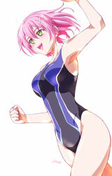 1girl armpits artist_name breasts competition_swimsuit double-parted_bangs eiyuu_densetsu floating_hair green_eyes hair_between_eyes highleg highleg_one-piece_swimsuit juna_crawford medium_breasts one-piece_swimsuit open_mouth pink_hair sen_no_kiseki sen_no_kiseki_(series) sen_no_kiseki_iii short_hair sideburns simple_background smile solo swimsuit white_background xiacheng_tatsuya