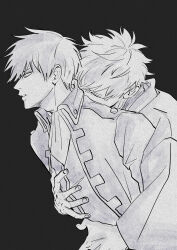 2boys absurdres ascot black_background closed_eyes closed_mouth collared_jacket commentary_request fingernails ghqjyu gintama greyscale highres hijikata_toushirou hug hug_from_behind jacket long_sleeves looking_ahead male_focus monochrome multiple_boys open_clothes open_jacket sakata_gintoki shinsengumi_(gintama) short_hair simple_background vest wing_collar yaoi