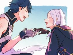 1boy 1girl black_robe blue_hair blue_shirt brand_of_the_exalt brown_gloves chrom_(fire_emblem) collared_shirt commentary_request facing_another female_robin_(fire_emblem) fire_emblem fire_emblem_awakening from_side gloves gogatsu_(yeaholiday) happy hooded_robe long_hair long_sleeves nintendo open_mouth robe shirt short_hair sleeveless sleeveless_shirt tongue twintails white_gloves white_hair