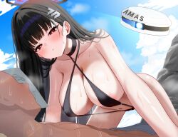 Rule 34 | 1boy, 1girl, absurdres, all fours, alternate costume, areola slip, black choker, black hair, black slingshot swimsuit, blue archive, blue sky, blush, breasts, bright pupils, choker, cloud, collarbone, commentary request, day, doodle sensei (blue archive), hair ornament, hairclip, halo, halterneck, hetero, highres, large breasts, long hair, mizikayo, nervous sweating, outdoors, paper on head, parted lips, red eyes, rio (blue archive), rock, sensei (blue archive), sky, slingshot swimsuit, solo focus, sweat, swimsuit, thighs, very long hair, white pupils