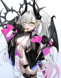 1girl absurdres blush body_markings breasts candy demon_girl demon_wings fate/grand_order fate_(series) food green_eyes grey_hair highres horns large_breasts lilith_(fate) lollipop long_hair long_sleeves looking_at_viewer navel open_mouth pointy_ears smile solo tutuuraura88 twintails wings