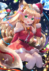 1girl :d absurdres amatsuki_rei animal_ears blonde_hair boots breasts christmas dress fang flying fox_ears fox_girl fox_tail fur-trimmed_dress fur_trim green_eyes halter_dress halterneck hat highres indie_virtual_youtuber light_particles long_hair long_sleeves looking_at_viewer medium_breasts mini_hat mini_santa_hat moon multiple_tails night off-shoulder_dress off_shoulder open_mouth red_dress sack santa_costume santa_dress santa_hat shimonose_rina sitting skin_fang smile tail thighhighs virtual_youtuber white_thighhighs