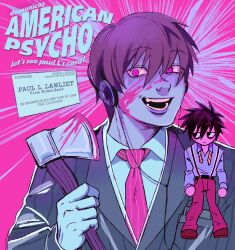 2boys alternate_costume alternate_skin_color american_psycho animated animated_gif axe bags_under_eyes basstual black_hair blood blood_on_face brown_hair business_card business_suit card cosplay death_note english_text formal_clothes hair_between_eyes headphones highres holding holding_axe l_(death_note) movie_reference multiple_boys necktie patrick_bateman paul_allen smile suit suspenders teeth yagami_light