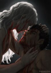 2boys aki_(akistrike) berserk black_hair blood blood_drip blood_on_body blood_on_face commentary english_commentary griffith_(berserk) guts_(berserk) hand_in_another&#039;s_hair hand_on_another&#039;s_neck head_back long_hair male_focus multiple_boys nude open_mouth pointy_ears profile short_hair short_sideburns teeth twitter_username upper_body upper_teeth_only wavy_hair white_hair yaoi