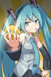 1girl angry aqua_eyes aqua_hair aqua_necktie armpit_crease artist_logo artist_name black_skirt black_sleeves clenched_teeth collared_shirt commentary detached_sleeves digiral english_commentary food fruit grey_shirt hair_ornament hand_up hatsune_miku headphones highres holding holding_food holding_fruit lemon logo long_hair long_sleeves necktie pleated_skirt shirt skirt sleeveless sleeveless_shirt solo sunburst sunburst_background teeth twitter_username v-shaped_eyebrows very_long_hair vocaloid wide_sleeves yellow_background