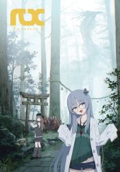 2girls :3 armband artist_request beret brick_floor brick_road camisole character_request creature fingerless_gloves forest gloves green_camisole grey_hair hat head_tilt highres holding jacket jewelry leg_warmers long_hair long_sleeves looking_at_viewer looking_back multiple_girls nature necklace official_art open_mouth outdoors path project_rx road screw_hair_ornament shirt shorts skirt sleeves_past_fingers sleeves_past_wrists smile torii tree vest white_jacket