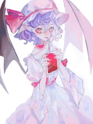 Rule 34 | 1girl, ascot, bat wings, blood, blood bag, blue hair, bow, choker, drinking blood, fingernails, frills, hat, hat ribbon, highres, mashi (pixiv zcjd2538), mob cap, pink hat, pointy ears, puffy sleeves, red ascot, red choker, red eyes, red nails, red ribbon, remilia scarlet, ribbon, sharp fingernails, solo, square neckline, touhou, upper body, white background, wide sleeves, wings