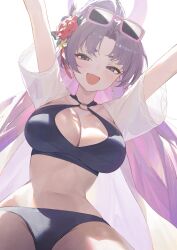 1girl bikini black_bikini blue_archive blush breasts cleavage eyeshadow eyewear_on_head fang flower hair_flower hair_ornament halo highres large_breasts long_hair looking_at_viewer makeup o-ring o-ring_bikini official_alternate_costume official_alternate_hairstyle open_mouth pink-framed_eyewear ponytail purple_eyes purple_hair purple_halo red_eyeshadow red_flower see-through_clothes shirt short_sleeves skin_fang smile solo swimsuit very_long_hair white_shirt yu_(ba9ama) yukari_(blue_archive) yukari_(swimsuit)_(blue_archive)