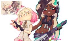 2girls black_gloves black_hair blush breasts cephalopod_eyes closed_mouth commentary crop_top crown dark-skinned_female dark_skin english_commentary fingerless_gloves furrowed_brow game_screenshot_inset gloves green_hair headphones highres holding holding_instrument inkling instrument jacket keytar looking_at_another louwaldo marina_(off_the_hook_outfit)_(splatoon) marina_(splatoon) medium_hair mole mole_under_mouth multiple_girls navel_piercing nintendo pearl_(off_the_hook_outfit)_(splatoon) pearl_(splatoon) piercing red_pupils sleeveless sleeveless_jacket smile splatoon_(series) splatoon_3 star-shaped_pupils star_(symbol) symbol-shaped_pupils tentacle_hair thick_eyebrows very_dark_skin white_background white_jacket yellow_eyes zipper zipper_pull_tab