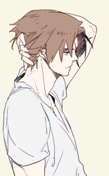 Rule 34 | 1boy, arm behind head, brown hair, closed mouth, final fantasy, final fantasy viii, grey background, hand in own hair, highres, male focus, nini tw99, parted bangs, profile, scar, scar on face, scar on forehead, shirt, short hair, short sleeves, sketch, solo, squall leonhart, t-shirt, upper body, white shirt