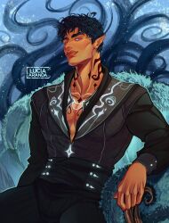 1boy a_court_of_thorns_and_roses_(series) artist_logo artist_name black_hair black_pants commentary english_commentary glowing_clothes highres logo long_sleeves luciaarandart male_focus muscular muscular_male neck_tattoo open_clothes open_shirt pants pectoral_cleavage pectorals pointy_ears purple_eyes rhysand_(acotar) short_hair sitting smile solo tattoo