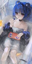 1girl :3 :d absurdres animal_ears bare_shoulders bathing bathroom bathtub bear_ears bear_girl black_choker blue_hair blue_jacket blunt_bangs borrowed_character breasts checkered_wall choker commentary detergent dress english_commentary eskm00 fang faucet from_above gris_(vertigris) hair_bun hair_up highres holding holding_tray jacket knees_up leaning_back looking_at_viewer looking_up loose_hair_strand lounging meme off_shoulder open_clothes open_jacket open_mouth original partially_submerged red_eyes rubber_duck short_dress shower_curtain small_breasts smile solo sparkle strap_slip sundress tide_(detergent) tide_pod_chellenge_(meme) tile_wall tiles tray water wet wet_clothes white_dress