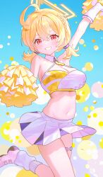 1girl ahoge aqua_background arm_up armpits bare_arms bare_shoulders blonde_hair blue_archive braid breasts cheerleader cleavage covered_erect_nipples crop_top fymrie gloves gradient_background grin halo halterneck highres holding holding_pom_poms knee_up kotori_(blue_archive) kotori_(cheer_squad)_(blue_archive) long_hair looking_at_viewer medium_breasts midriff millennium_cheerleader_outfit_(blue_archive) miniskirt navel official_alternate_costume pleated_skirt pom_pom_(cheerleading) pom_poms red_eyes shirt shoes short_twintails skindentation skirt sleeveless sleeveless_shirt smile socks solo spaghetti_strap stomach thigh_strap thighs twintails v-shaped_eyebrows white_gloves white_shirt white_skirt white_socks wing_collar