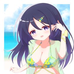 1girl assault_lily beach bikini blue_sky blush border breasts cleavage cloud commentary_request day floral_print green_bikini green_shirt hair_behind_ear hair_between_eyes hair_down hair_ornament hairclip halterneck hand_up highres horizon jewelry long_hair looking_at_viewer medium_breasts ocean official_alternate_costume open_clothes open_mouth open_shirt outdoors outside_border print_bikini purple_eyes purple_hair ri_(pikatexiu_106) ribbon ring see-through_clothes see-through_shirt see-through_sleeves shirt short_sleeves sky smile solo swimsuit swimsuit_cover-up tucking_hair upper_body watanabe_akane white_border wrist_ribbon yellow_ribbon