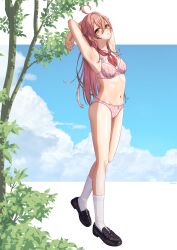 1girl absurdres ahoge armpits arms_behind_head blue_sky blush bra breasts full_body green_eyes highres linea_alba loafers long_hair looking_at_viewer navel neckerchief nijisanji panties parted_lips pink_hair polka_dot polka_dot_bra polka_dot_panties red_neckerchief ribs satera_23 shishido_akari shoes sky small_breasts solo tree underwear virtual_youtuber