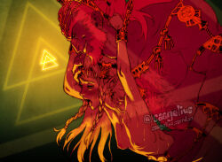 1boy 1girl artist_name beard blonde_hair blush breasts captured chain chained_wrists chest_hair dark-skinned_male dark_skin defeat evil_smile facial_hair ganondorf half-closed_eyes hetero nintendo nipples nude open_mouth princess princess_zelda prisoner rape saagelius sex sex_from_behind sex_slave small_breasts smile the_legend_of_zelda the_legend_of_zelda:_tears_of_the_kingdom watermark