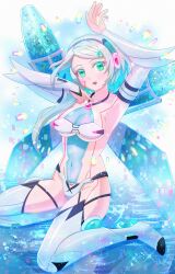 Rule 34 | 1girl, absurdres, arm up, bikini, blue eyes, blush, breasts, facial mark, full body, grey hair, headphones, highres, ico (megaman x dive), kiwakiwa, kneeling, long hair, medium breasts, mega man (series), mega man x (series), mega man x dive, ringed eyes, see-through cleavage, see-through clothes, solo, swimsuit, water, white bikini, wings